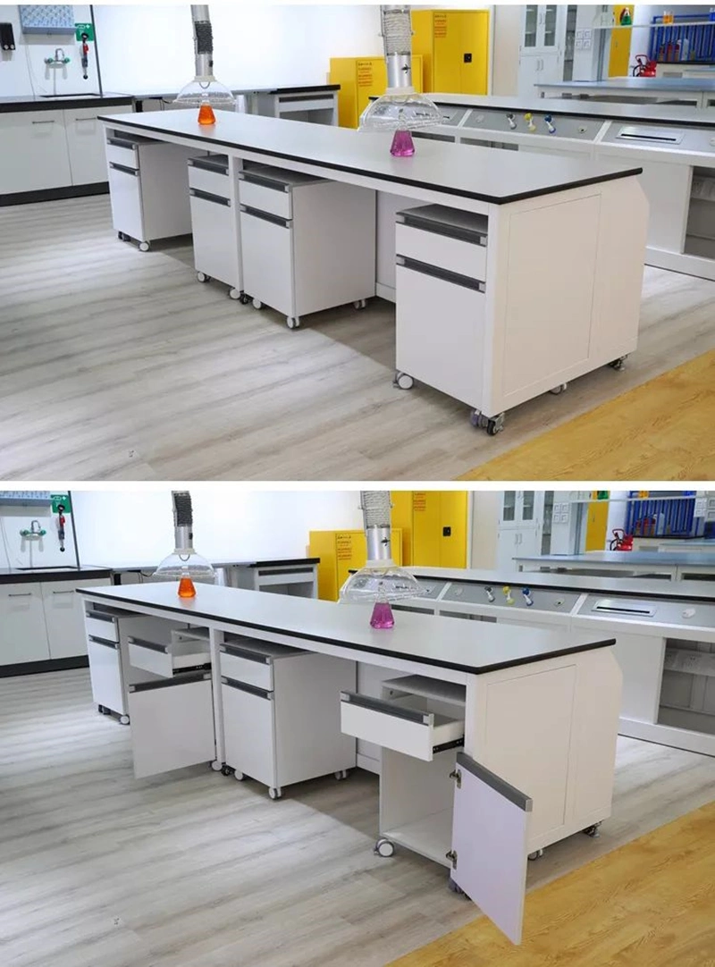 Plywood Cabinet Steel Frame Island Bench OEM White Color Wooden Laboratory Furniture Steel Wood Lab Bench